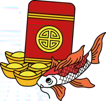Red envelopes koi fish and ancient Chinese money vector