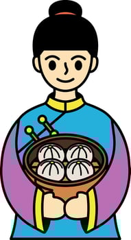 Chinese woman in cheongsam holding a steamer basket of steamed buns vector
