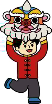 illustration of chinese boy showing lion dance vector