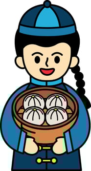 A boy holding a steamed bun basket vector