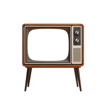 Vintage television with wooden frame and retro design evokes nostalgia. TV has classic style with dials and stands on four legs, reminiscent of mid 20th century models png
