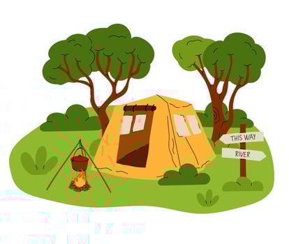 Camping composition. Landscape with trees and bushes. Camp tent and bonfire. Tourist campsite, outdoor adventure, campground in forest. Hiking tourism. Summer vacation cartoon flat illustration vector
