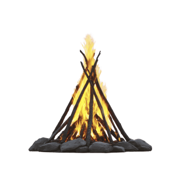 Campfire with bright flames surrounded by arranged logs and stones, creating warm and inviting atmosphere. Perfect for outdoor gatherings and camping adventures png