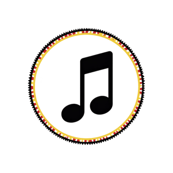 Black musical note icon is centered within circular border featuring colorful pattern. design is simple and modern, conveying sense of rhythm and creativity png