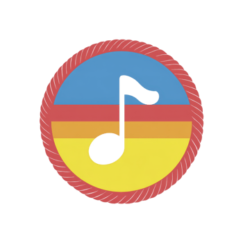 Colorful circular badge features black musical note at its center, set against background of blue, orange, and yellow stripes, with red border png