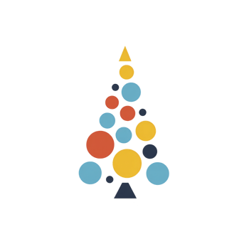 Minimalist Christmas tree design features colorful geometric shapes, including circles and triangles, arranged in festive pattern. vibrant colors create modern holiday feel png
