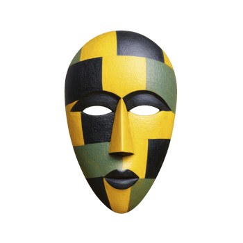 Colorful mask with geometric patterns in yellow, black, and green, creating striking and artistic appearance. mask design is bold and abstract, evoking sense of mystery and creativity png