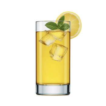 Refreshing glass of iced tea with lemon slice and mint leaves, featuring ice cubes in clear glass. vibrant yellow color and fresh garnish create thirst quenching appearance png
