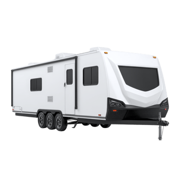 Modern white travel trailer with sleek design and multiple windows, featuring triple axle for stability and spacious interior. Ideal for road trips and outdoor adventures png