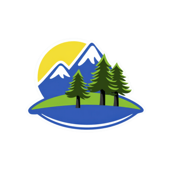 Vibrant illustration features sunlit mountain landscape with snow capped peaks, surrounded by lush green pine trees on grassy hill, evoking sense of adventure and tranquility png