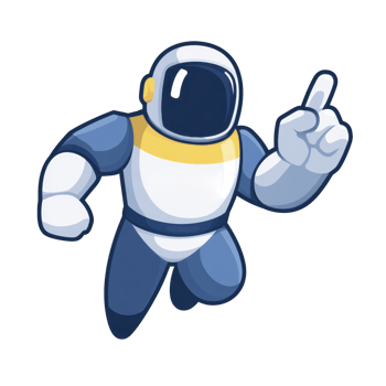 Cartoon astronaut character in blue and white spacesuit is floating with one arm raised, suggesting sense of exploration and curiosity. character helmet is reflective, adding futuristic touch png