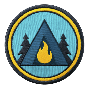 This features circular embroidered patch with camping theme. design includes stylized tent with flame inside, flanked by two pine trees, set against blue background with yellow border png