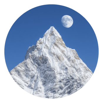 Majestic snow covered mountain peak rises sharply against clear blue sky, with moon visible above, creating serene and awe inspiring natural scene png