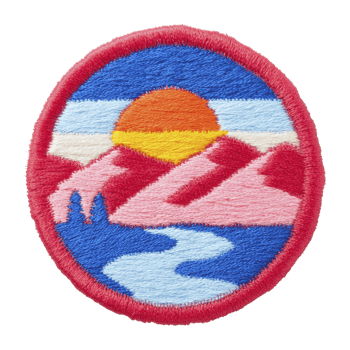 Colorful embroidered patch features scenic landscape with vibrant sunset over pink mountains, blue river, and clear sky, all framed by red border png