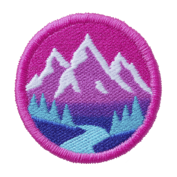 Vibrant embroidered patch features scenic mountain landscape with river and trees, set against gradient pink and purple sky. circular design is bordered with bright pink edge png