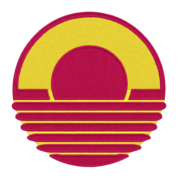 Vibrant, retro style embroidered patch features circular design with yellow sun setting over horizontal red stripes, evoking nostalgic and bold aesthetic png