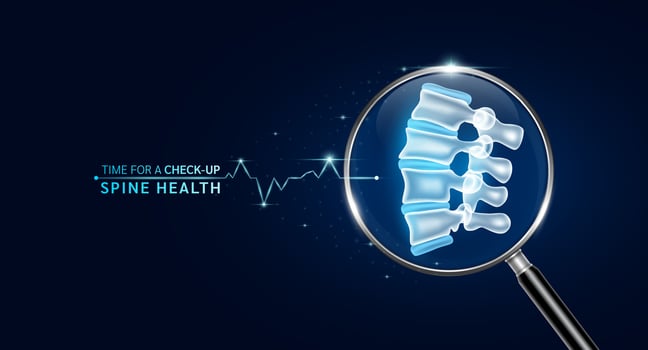 Spine bone inside magnifying glass with scan search and blue glowing neon heart pulse. Health care and medical check up too innovative digital technology. Body health checkup examining organ. vector