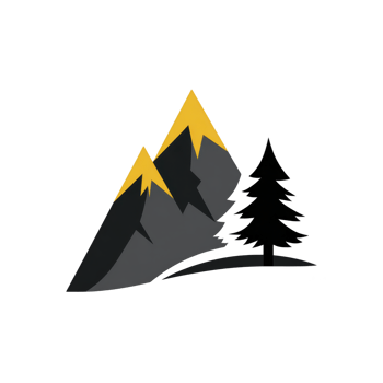 Stylized illustration of two dark mountains with yellow peaks next to pine tree, conveying sense of adventure and nature png