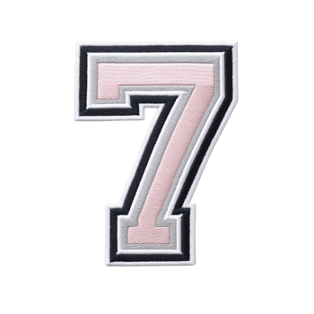 Image shows pink and gray embroidered patch in shape of number seven, featuring bold and stylish design. patch is outlined in black and white, giving it striking appearance png