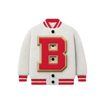 White varsity jacket with red accents and large red letter B on front, exuding sporty and classic style. jacket features button up front and ribbed cuffs png