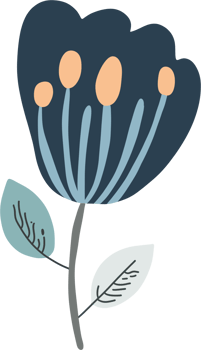 A dark blue flower with light blue stems and four peach oval shapes in the center has two leaves png