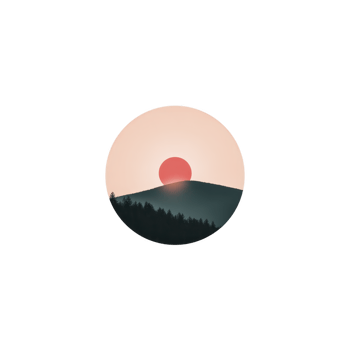 Minimalist landscape illustration features serene sunset over silhouetted mountain range, with warm pink sun setting against soft gradient sky png