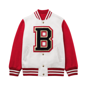 Stylish varsity jacket with bold letter B on front, featuring red sleeves and white body. jacket has striped cuffs and collar, adding classic touch png