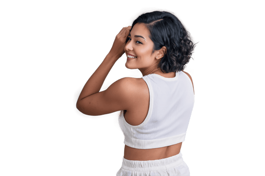 Happy woman smiling over shoulder white crop top png