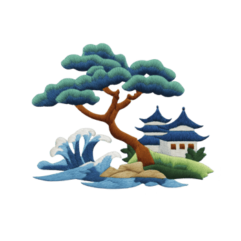 Serene embroidered landscape features stylized tree, traditional building, and waves, capturing harmonious blend of nature and architecture png