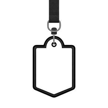 Black lanyard with metal clip holds empty, transparent badge holder, ready for customization. minimalist design is suitable for events or identification purposes png