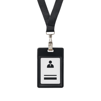 Black lanyard with blank ID badge holder featuring simple icon of person and lines for text, ideal for office or event use png