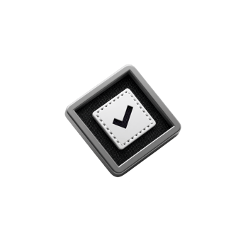 3D checkmark icon with black and white color scheme, featuring square design and stitched border, symbolizing approval or completion png
