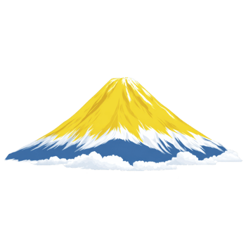Stylized illustration of mountain with yellow peak and blue base, surrounded by white clouds, evokes serene and artistic atmosphere png