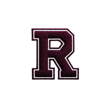 Bold, maroon letter R with white outline, resembling varsity or letterman jacket patch, stands out against transparent background png