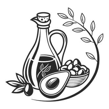 Healthy fats avocado olives olive oil decanter vector
