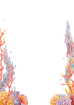 Vertical underwater frame with colorful corals, algae, fish, seashells and air bubbles. Watercolor marine border design for invitations, summer cards, beach events, ocean-themed decorations. png