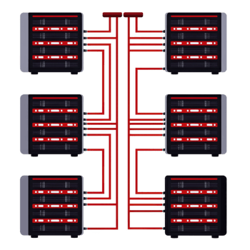 Network diagram showing interconnected server racks with red cables, illustrating data center setup. image highlights complexity and organization of server connections png