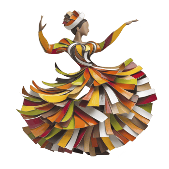 Vibrant, abstract sculpture of dancer in colorful, flowing dress made of layered, curved shapes. dynamic pose and bright colors convey movement and joy png