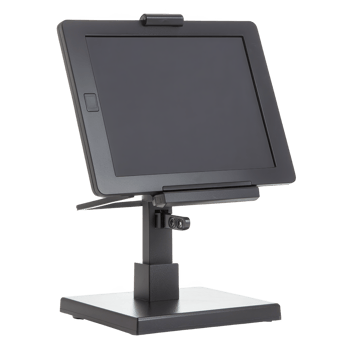 Sleek black touchscreen monitor on adjustable stand, ideal for point of sale systems or interactive displays. modern design enhances functionality and user experience png