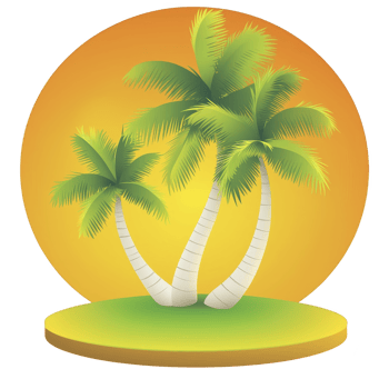 Tropical palm trees with lush green leaves stand against vibrant orange sunset background, creating serene and warm atmosphere png