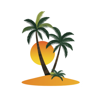 Tropical island scene with two palm trees and vibrant sunset creates serene and relaxing atmosphere. warm colors of sun contrast beautifully with lush green leaves png