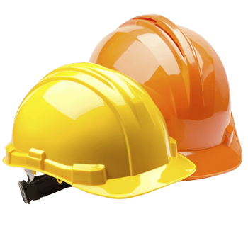 Two safety helmets, one yellow and one orange, are shown side by side, symbolizing construction and safety. helmets are glossy and reflect light, emphasizing their sturdy design png