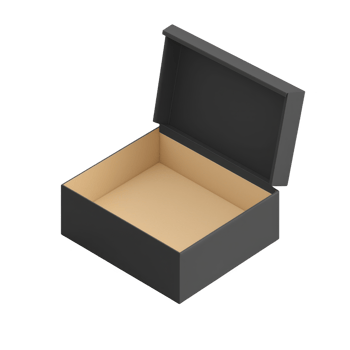Open black cardboard box with beige interior is displayed, showcasing its simple and functional design. lid is partially open, revealing spacious inside png