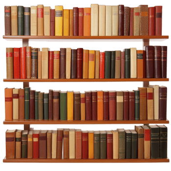 Wooden bookshelf filled with variety of colorful hardcover books, organized neatly in rows. books have different sizes and colors, creating vibrant and intellectual atmosphere png
