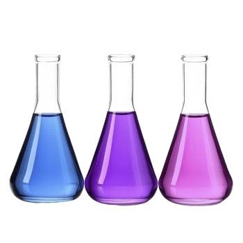 Three glass flasks filled with vibrant blue, purple, and pink liquids are arranged side by side, showcasing colorful and scientific display png