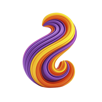 This features vibrant, abstract 3D swirl with layers of purple, orange, and yellow, creating dynamic and colorful design. smooth curves and bright colors evoke sense of energy and creativity png