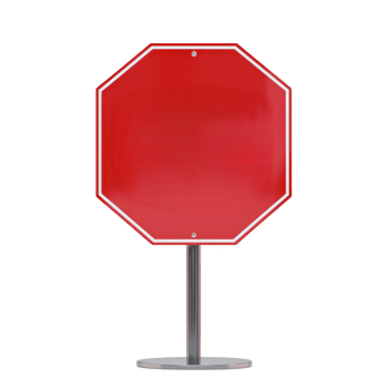 red octagonal sign with no text stands on metal pole, symbolizing stop sign. sign is isolated on transparency background, emphasizing its shape and color png