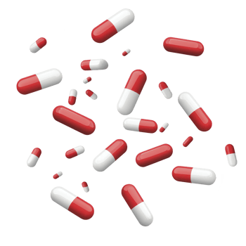 Red and white capsules are scattered against transparency background, creating dynamic and energetic composition. capsules vary in size, suggesting sense of motion and randomness png