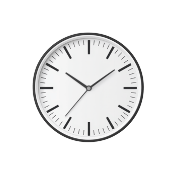 minimalist wall clock with white face and black hour and minute hands, featuring simple black hour markers. design is sleek and modern, suitable for any contemporary space png