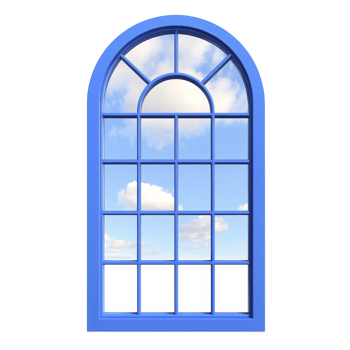 vibrant blue arched window frame with multiple panes reveals clear sky with fluffy white clouds, evoking sense of openness and tranquility png